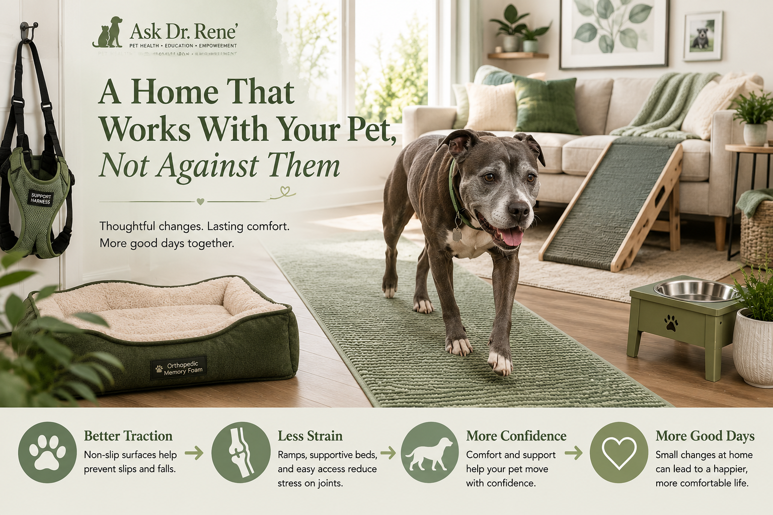 Infographic showing how simple home modifications such as orthopedic beds, non-slip rugs, ramps, raised food and water bowls, and support harnesses can improve mobility, confidence, and comfort for dogs with arthritis.