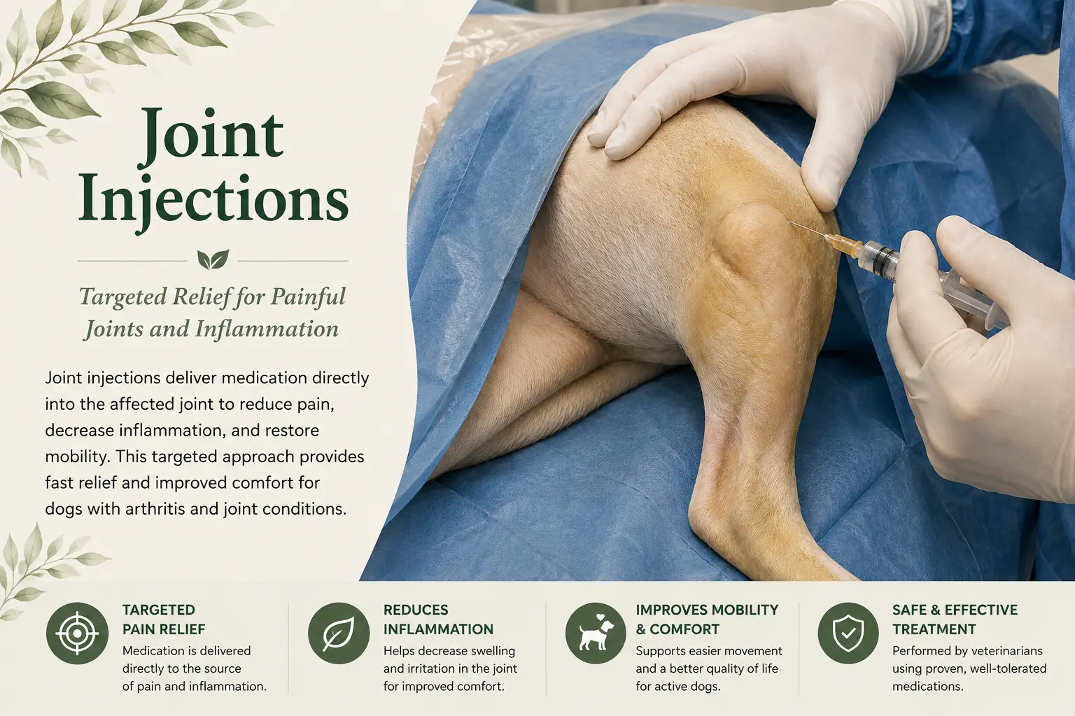 A veterinarian performing a sterile intra-articular joint injection in a dog's stifle.
