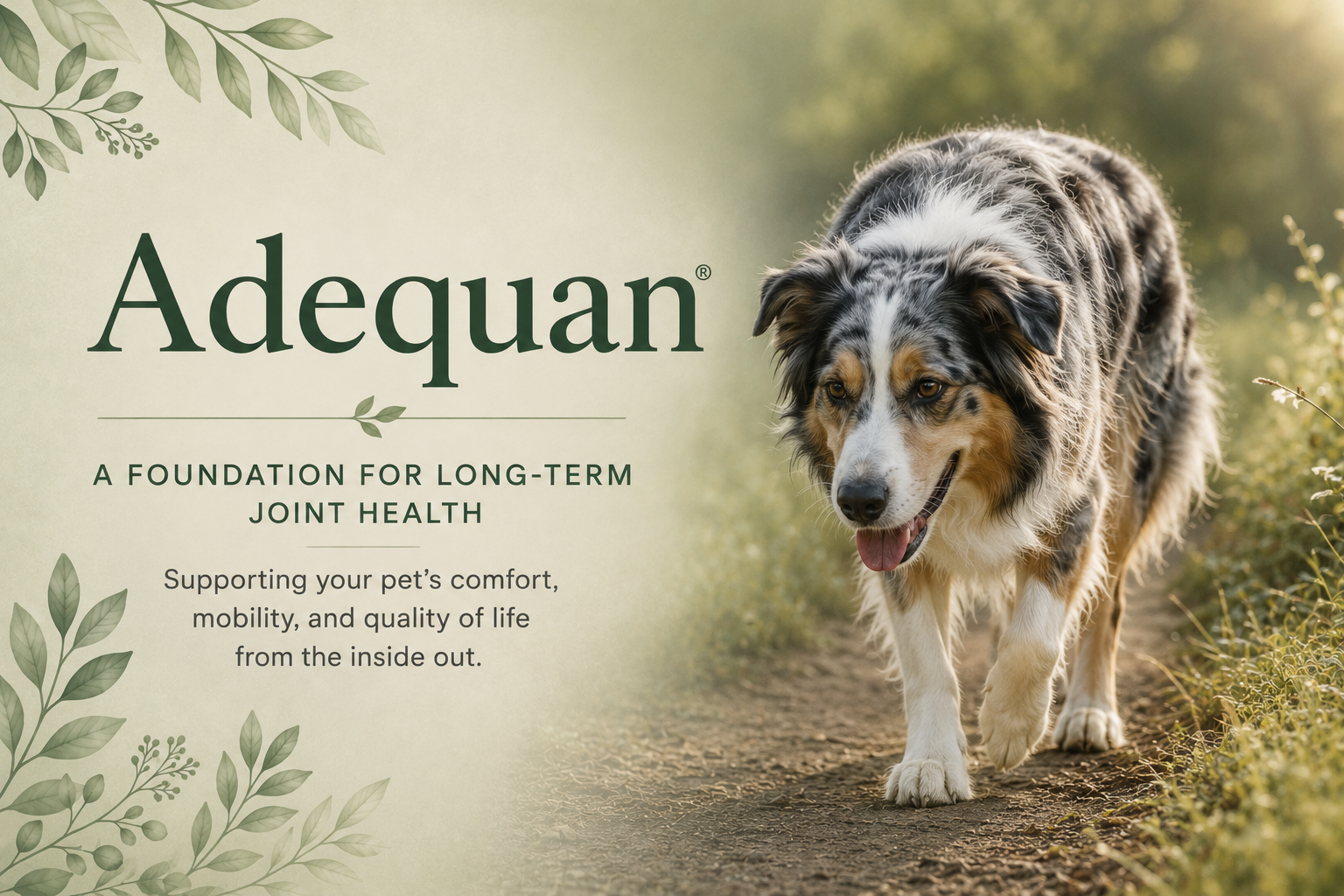 Australian shepherd walking outdoors beside the title Adequan: A Foundation for Long-Term Joint Health.