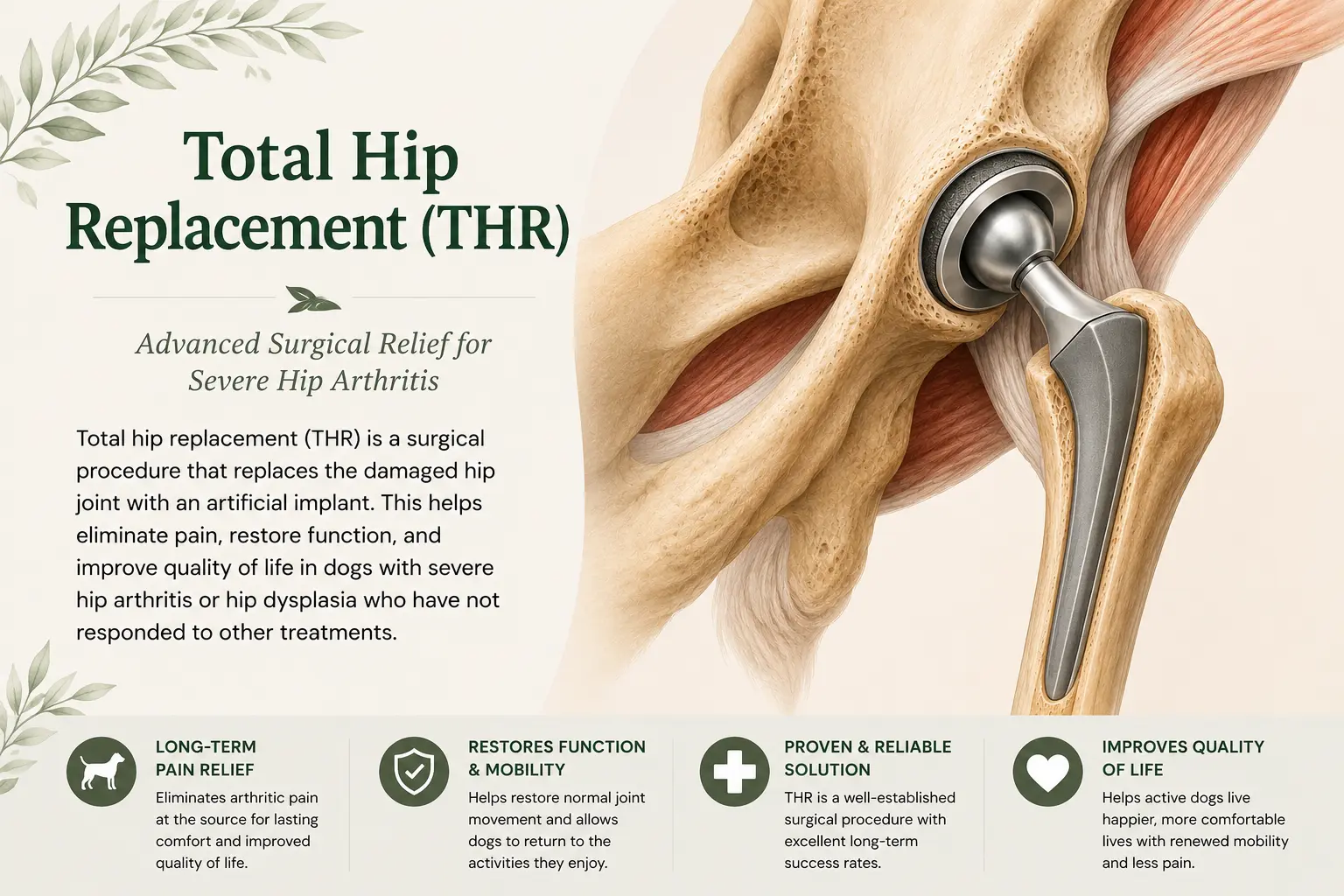 Radiograph and surgical view of a canine total hip replacement implant.