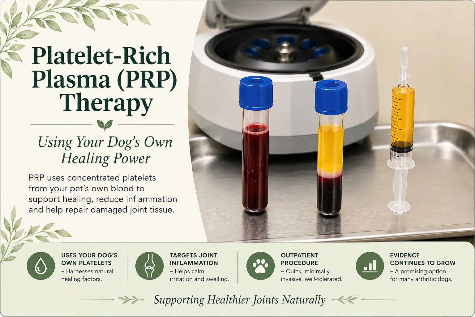 A vial of platelet-rich plasma being prepared in a centrifuge for a canine joint injection.