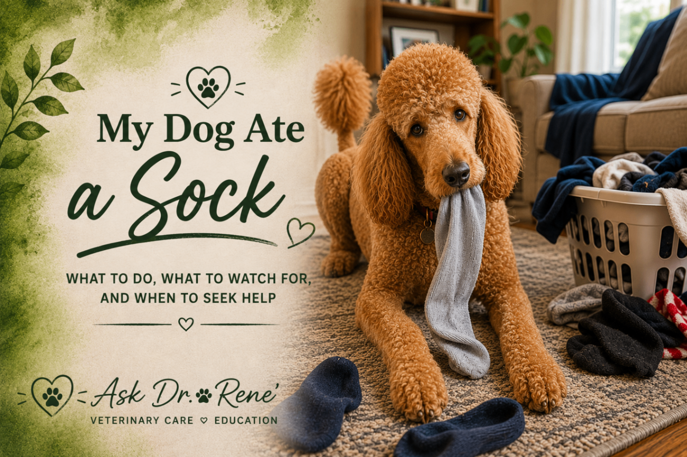 Illustrated cover: a red standard poodle holding a gray sock in its mouth beside the words 'My Dog Ate a Sock — What to do, what to watch for, and when to seek help.'