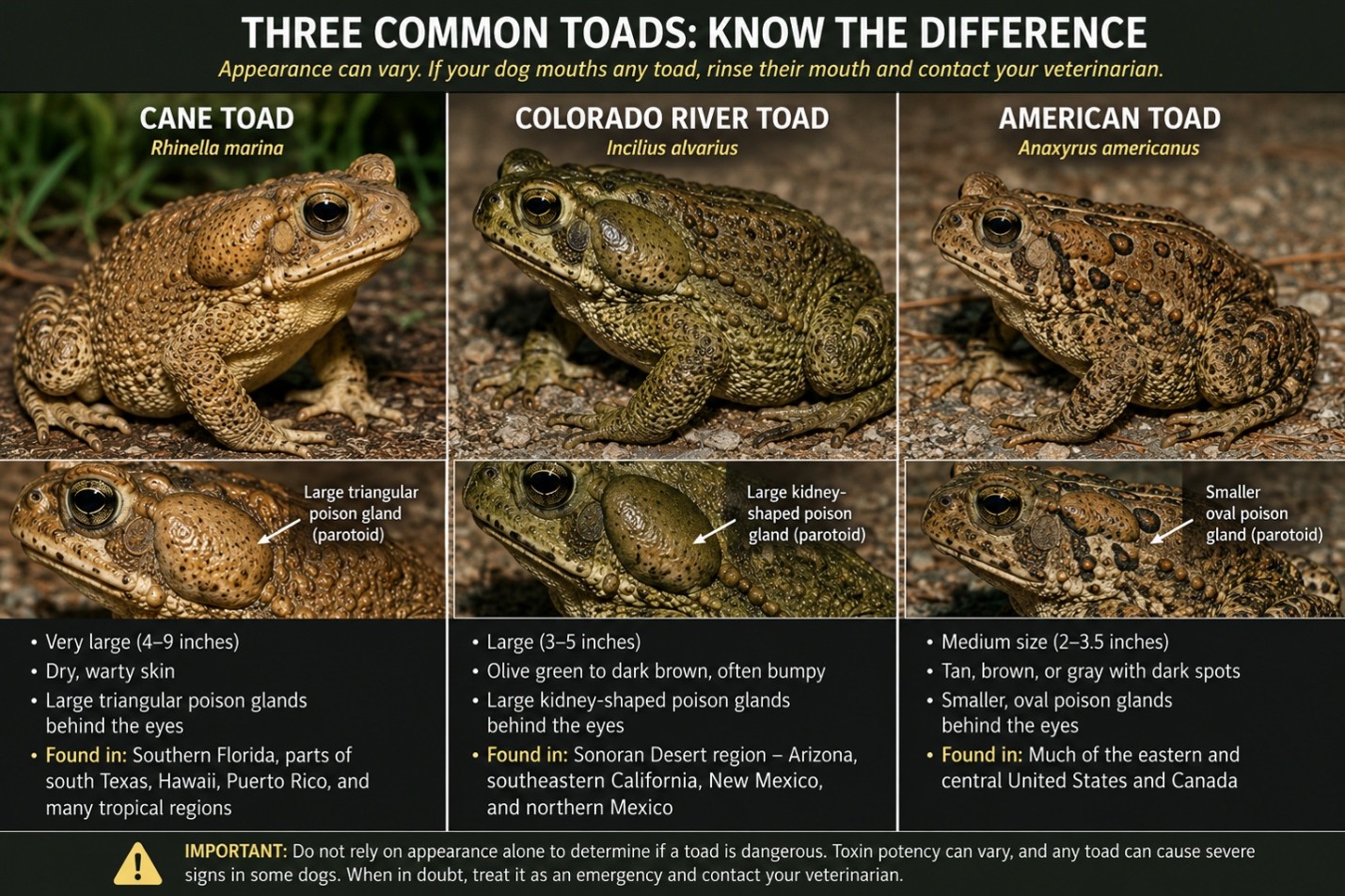Comparison chart of three common toads — Cane Toad, Colorado River Toad, and American Toad — showing size, appearance, poison gland shape, and geographic range.