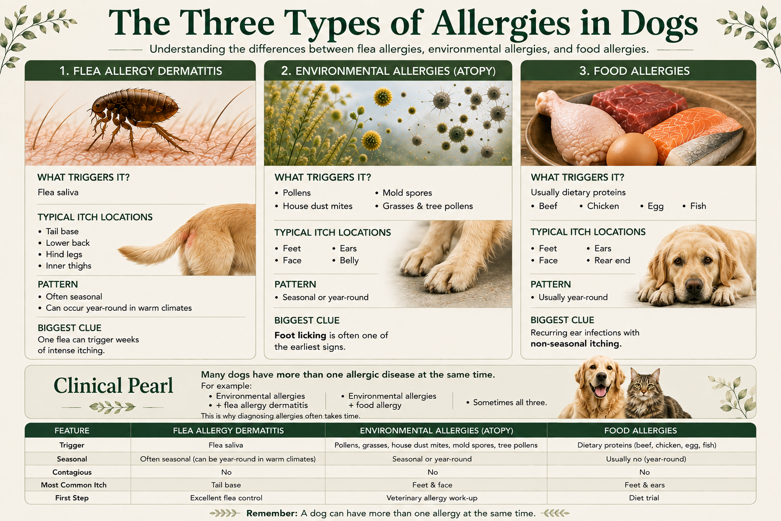 Side-by-side comparison of flea allergy dermatitis, environmental allergies, and food allergies in dogs, including triggers, itch locations, patterns, and first steps.