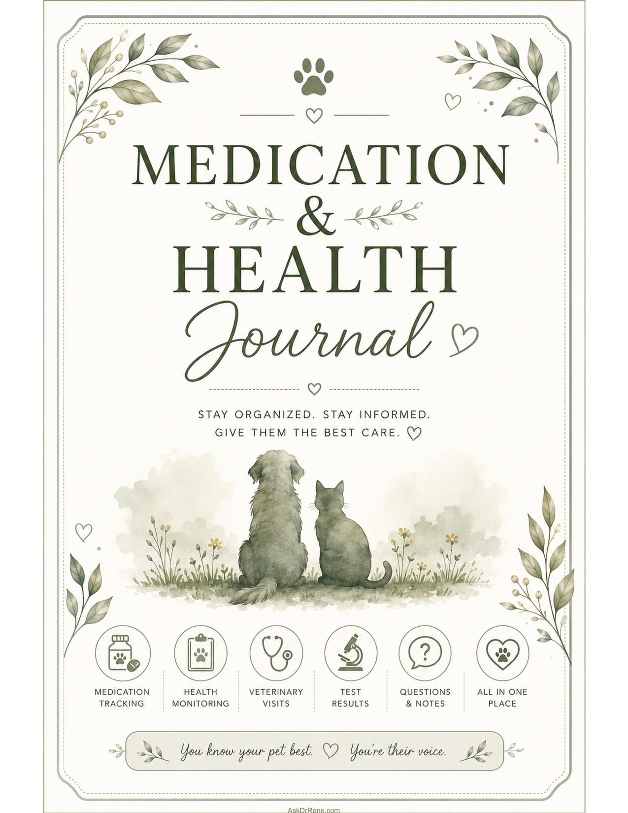 Pet Medication & Health Journal cover — sage green with watercolor dog and cat