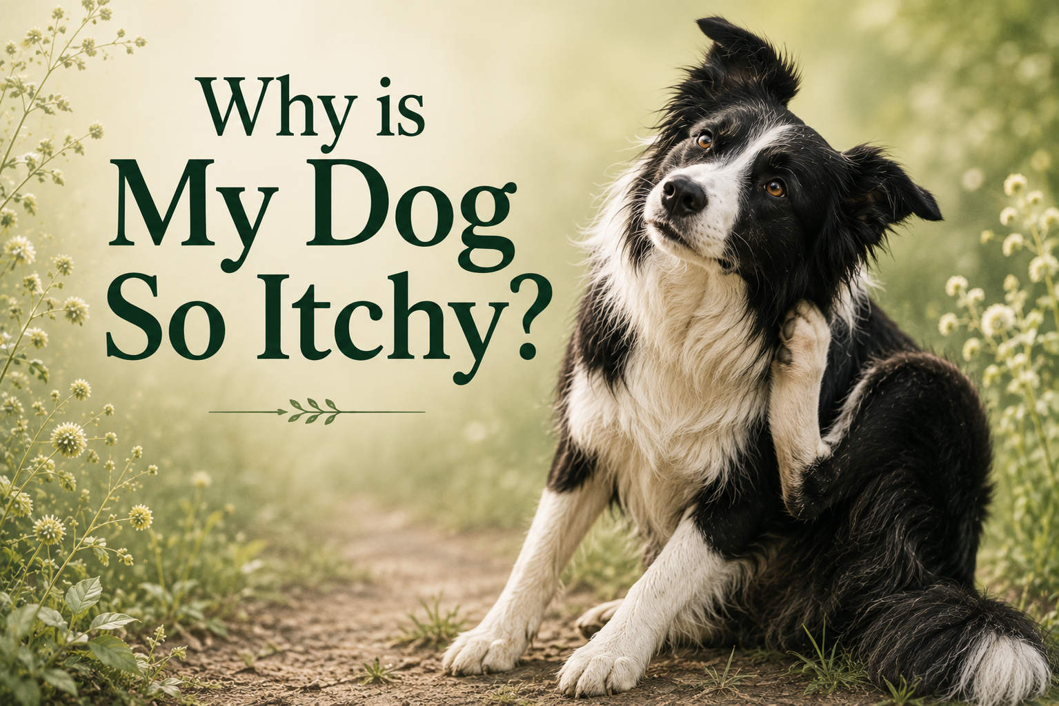 Border Collie scratching its ear in a grassy field representing allergic itch.