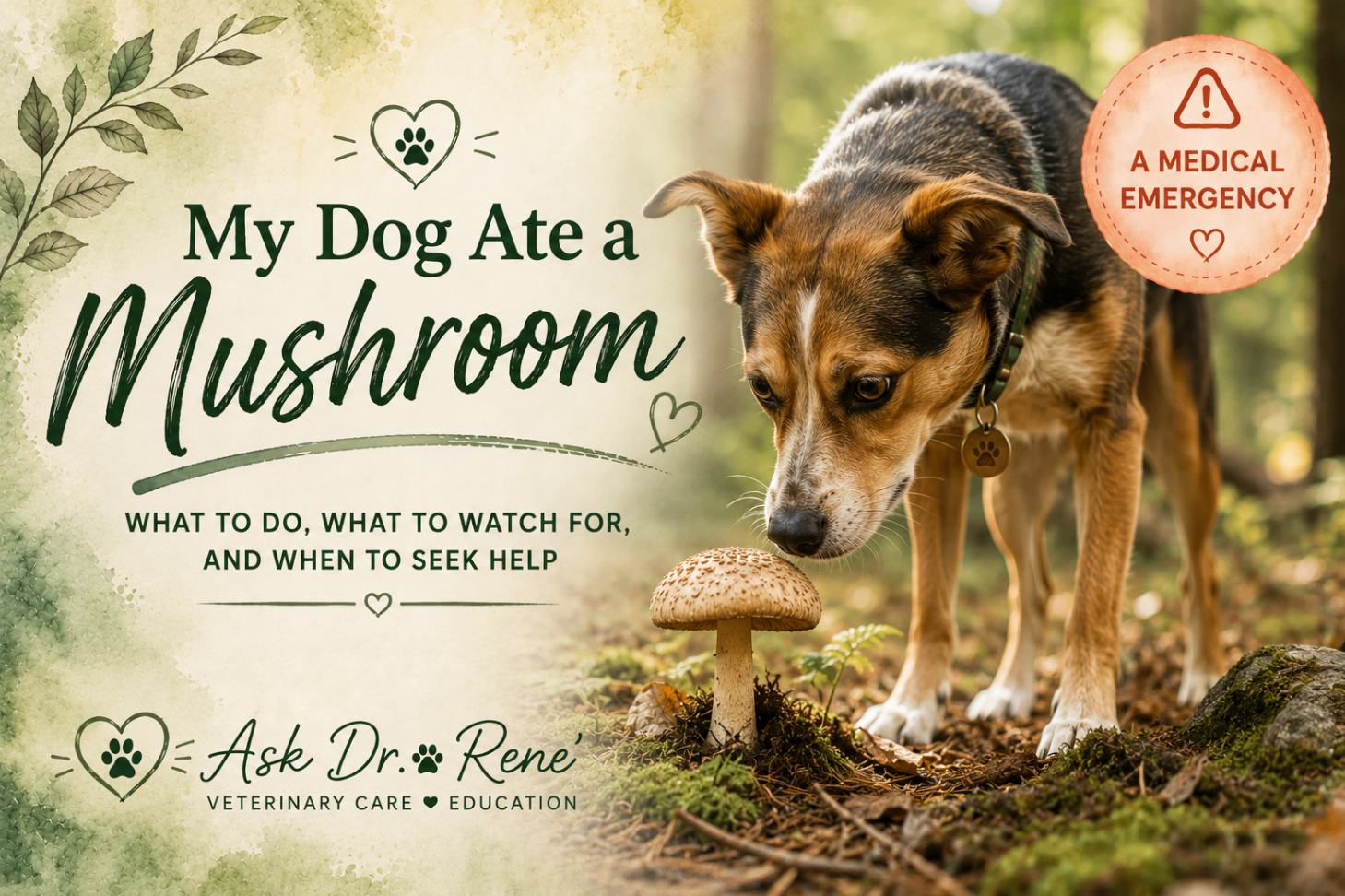Illustrated cover: a tricolor dog sniffing a wild mushroom in a forest with an 'A Medical Emergency' badge and the words 'My Dog Ate a Mushroom — What to do, what to watch for, and when to seek help.'