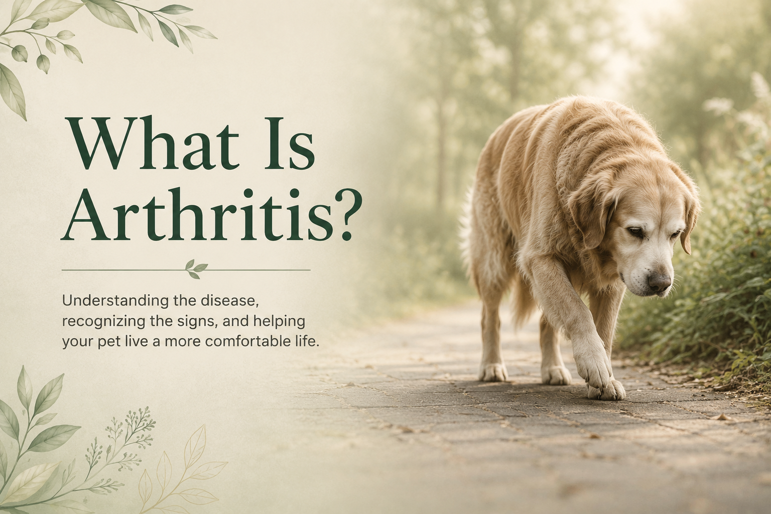Senior golden retriever walking slowly on a path beside the title What Is Arthritis?