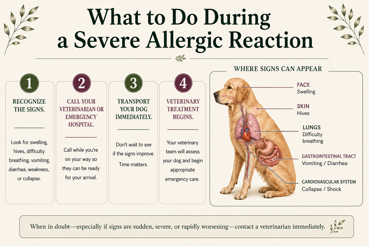 Four-step action plan for a severe allergic reaction in a dog — recognize the signs, call your veterinarian or emergency hospital, transport your dog immediately, and veterinary treatment begins — alongside an illustration showing where signs appear: facial swelling, skin hives, difficulty breathing, vomiting and diarrhea, and collapse or shock.