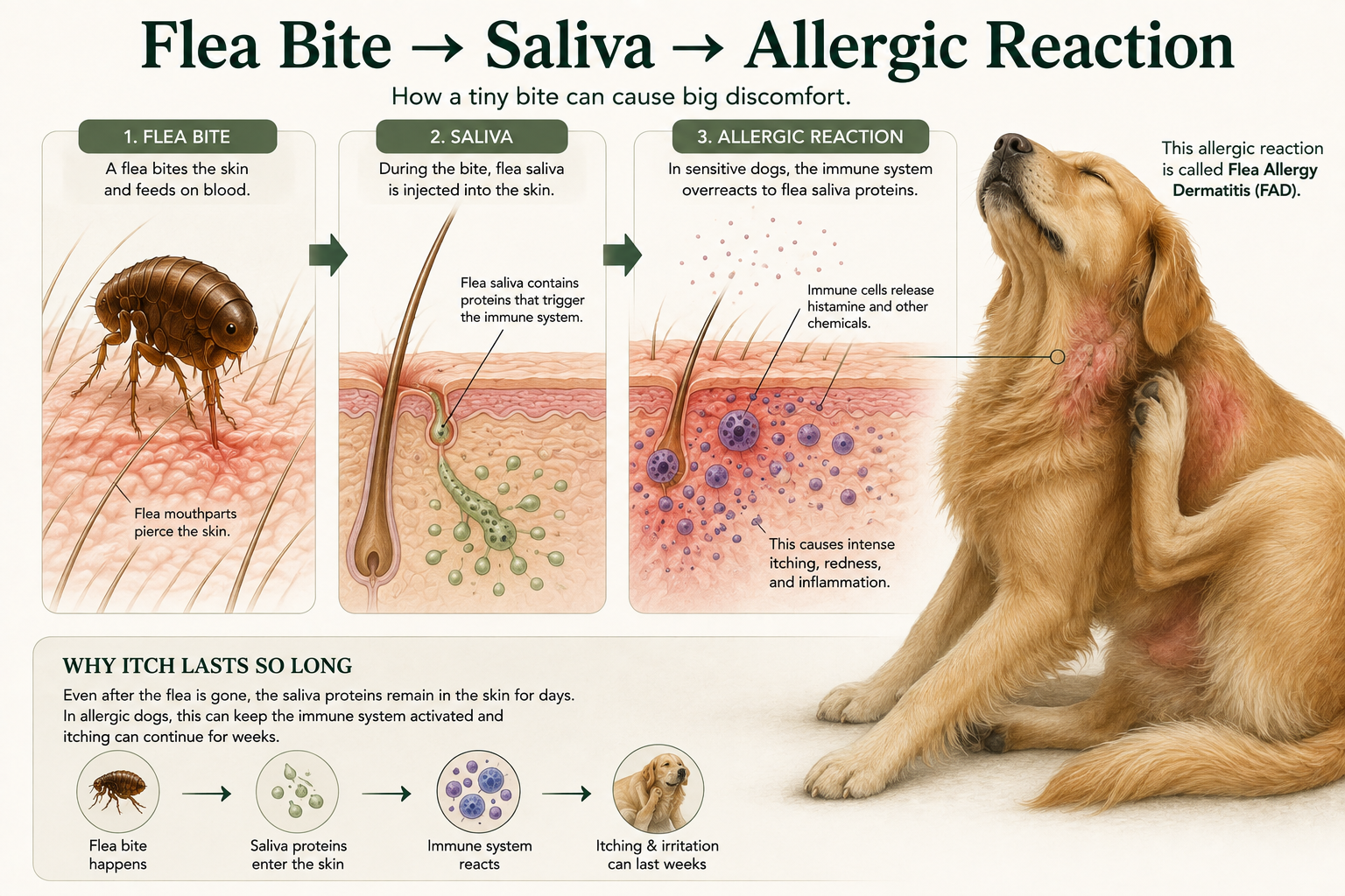 Medical illustration of a flea bite injecting saliva into the skin and the resulting allergic immune reaction that causes prolonged itching in dogs.