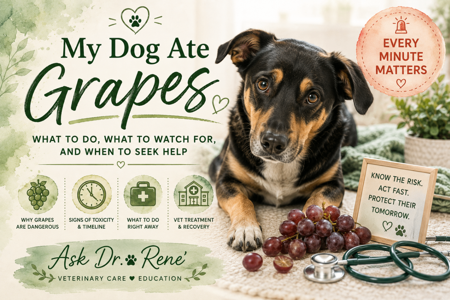 Illustrated cover: a black-and-tan dog beside a cluster of red grapes with an 'Every Minute Matters' badge and the words 'My Dog Ate Grapes — What to do, what to watch for, and when to seek help.'