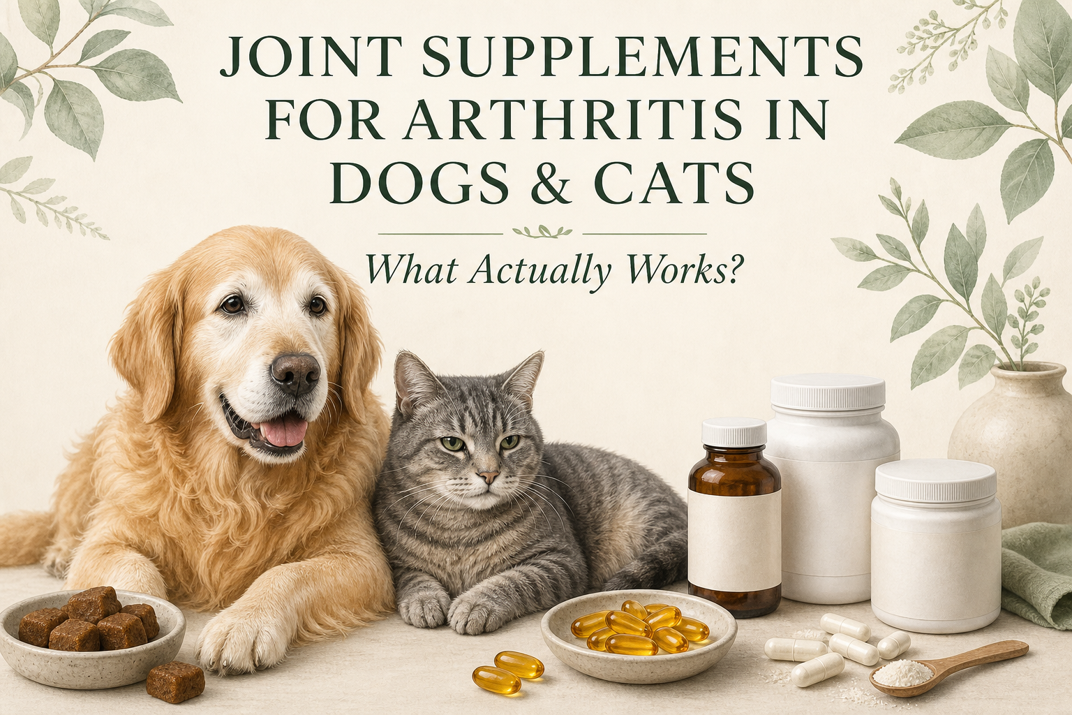Editorial hero image for Joint Supplements for Arthritis in Dogs & Cats: What Actually Works? A senior golden retriever and a senior gray tabby cat rest together beside joint chews, fish oil softgels, capsules, and unbranded veterinary supplement containers on a cream background with sage botanical accents.